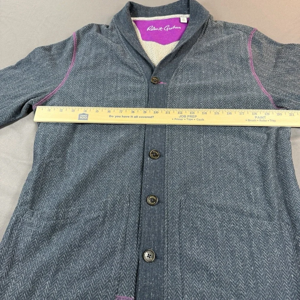 Robert Graham Cardigan Sweater Mens XL Blue Shawl Collar Herringbone Elbow Patch